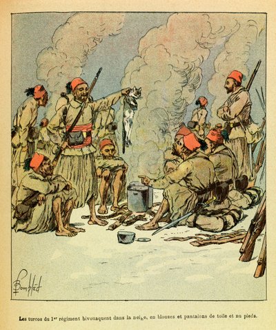 Januari 1871, de Turcos van het 1e regiment bivakkeren in de sneeuw, in blouses en canvas broeken en op blote voeten door Louis Charles Bombled