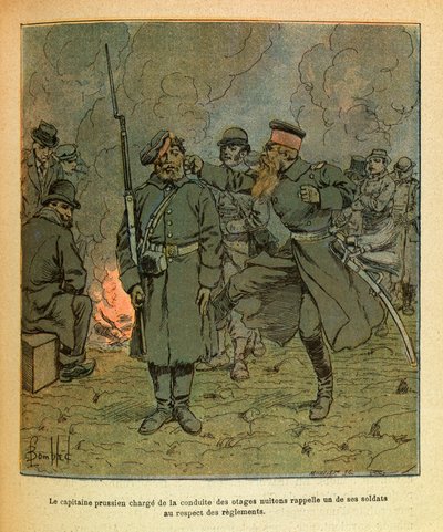 Een Pruisische kapitein verantwoordelijk voor de begeleiding van de gijzelaars van Nuits Saint Georges roept een van zijn soldaten terug door Louis Charles Bombled