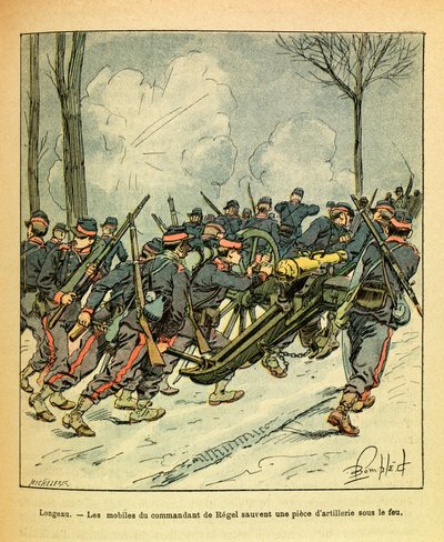 Het Oostelijke Leger van Eugene Sergeant, alias Grenest, geïllustreerd door Louis Bombled (1862-1927) (Frans-Duitse Oorlog; campagne van 1870-1871): december 1870, tijdens de Slag bij Longeau, redden de motieven van de commandant van Regel een kanon onder  door Louis Charles Bombled