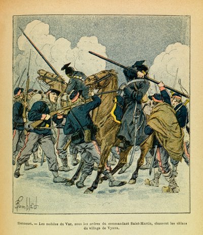 Het Oostelijke Leger van Eugene Sergeant, bekend als Grenest, geïllustreerd door Louis Bombled (1862-1927) (Frans-Duitse Oorlog; campagne van 1870-1871): januari 1871, Hericourt, de motieven van de Var, onder bevel van commandant Saint Martin, jagen de Uhl door Louis Charles Bombled