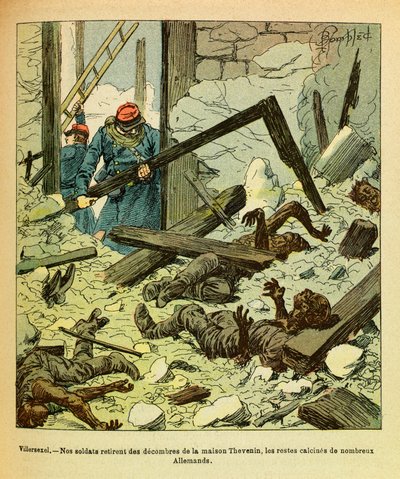 De Oostelijke Armee van Eugene Sergeant, bekend als Grenest, geïllustreerd door Louis Bombled: Januari 1871, Slag bij Villersexel, Franse soldaten verwijderen de resten van Duitse soldaten uit een huis door Louis Charles Bombled