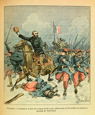 De Oostelijke Armee van Eugene Sergeant, bekend als Grenest, geïllustreerd door Louis Bombled: Januari 1871, Generaal Bourbaki aan het hoofd van de troepen van het 20e Korps onder zwaar vuur door Louis Charles Bombled