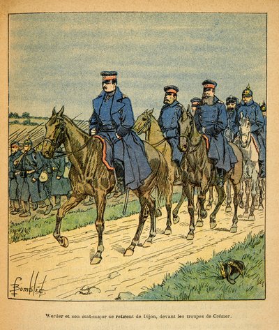 Het Oostelijke Leger van Eugene Sergeant, bekend als Grenest, geïllustreerd door Louis Bombled (1862-1927) (Frans-Duitse Oorlog; campagne van 1870-1871): Generaal Werder en zijn Generale Staf van Dijon voor de troepen van Generaal Cremer, Privécollectie door Louis Charles Bombled
