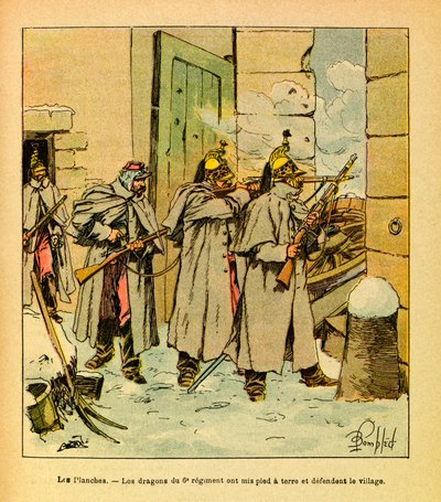 Het Oostelijke Leger van Eugene Sergeant, bekend als Grenest, geïllustreerd door Louis Bombled (1862-1927) (Frans-Duitse Oorlog; campagne van 1870-1871): In het dorp Les Plches, verdedigen de draken van het 6e regiment het dorp, Collectie Gedeeltelijk door Louis Charles Bombled
