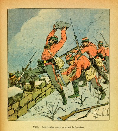 Het Oostelijke Leger van Eugene Sergeant, bekend als Grenest, geïllustreerd door Louis Bombled (1862-1927) (Frans-Duitse Oorlog; campagne 1870-1871): De rode hemden van Garibaldi voor Fontaine tijdens de gevechten van Dijon in januari 1871, Privécollectie door Louis Charles Bombled