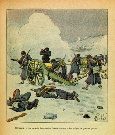 Het Oostelijke Leger van Eugene Sergeant, bekend als Grenest, geïllustreerd door Louis Bombled (1862-1927) (Frans-Duitse Oorlog; campagne van 1870-1871): Januari 1871, Hericourt, de batterij van Kapitein Dessus blijft vuren met grote verliezen, Privécollec door Louis Charles Bombled