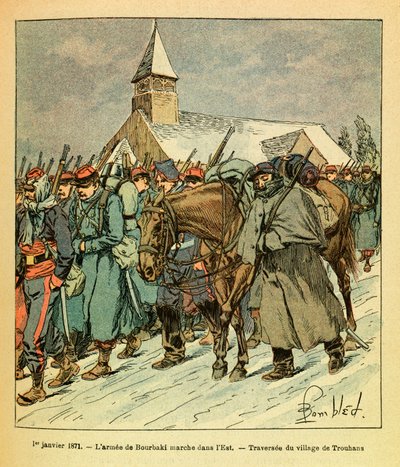 Het Oostelijke Leger van Eugene Sergeant, bekend als Grenest, geïllustreerd door Louis Bombled (1862-1927) (Frans-Duitse Oorlog; campagne van 1870-1871): Op 1 januari door Louis Charles Bombled