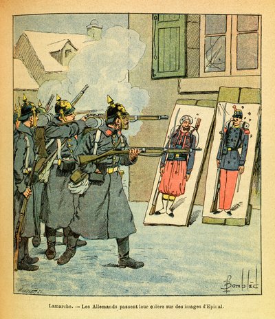 Het Oostelijke Leger van Eugene Sergeant, bekend als Grenest, geïllustreerd door Louis Bombled (1862-1927) (Frans-Duitse Oorlog; campagne van 1870-1871): In Lamarche, Duitse soldaten uiten hun woede op afbeeldingen van Epinal, Collectie Gedeeltelijk door Louis Charles Bombled