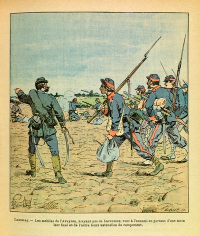 Het Oostelijke Leger van Eugene Sergeant, bekend als Grenest, geïllustreerd door Louis Bombled (1862-1927) (Frans-Duitse Oorlog; campagne van 1870-1871): Slag bij Lantenay in november 1870, de mobiele telefoons van Aveyron zonder haversakken gaan naar de v door Louis Charles Bombled