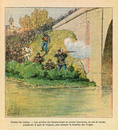Het Oostelijke Leger van Eugene Sergeant, bekend als Grenest, geïllustreerd door Louis Bombled (1862-1927) (Frans-Duitse Oorlog; campagne van 1870-1871): De mobiele telefoons van Hautes Alpes helpen het bataljon van de Vogezen tijdens de gevechten van Cuss door Louis Charles Bombled