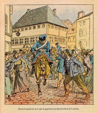 De oostelijke Armee van Eugene Sergeant, bekend als Grenest: Pruisische voorhoede uitgejouwd door de bevolking van Rambervillers op 7 oktober door Louis Charles Bombled