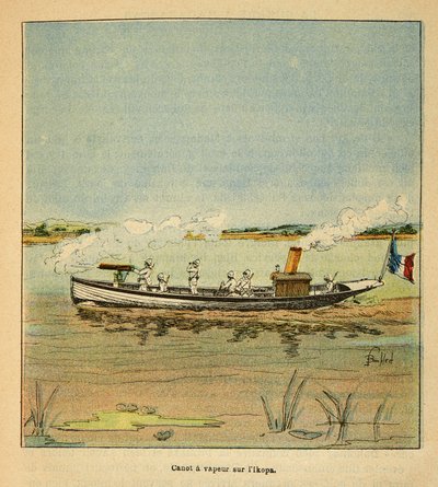 De oorlog in Madagaskar-Anekdotische geschiedenis van de Franse expedities van 1885-1895 door Henri Galli alias Galllichet (1854-1922), geïllustreerd door Louis Bombled (1862-1927): Franse kanonneerboot op de Ikopa-rivier in Madagaskar in 1895, Privécollec door Louis Charles Bombled