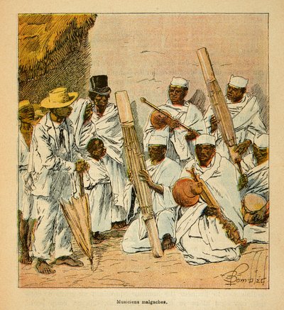 De oorlog in Madagaskar - Anekdotische geschiedenis van de Franse expedities van 1885-1895 door Henri Galli, geïllustreerd door Louis Bombled: Malagassische muzikanten in de 19e eeuw door Louis Charles Bombled