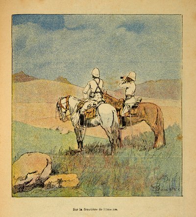 De oorlog in Madagaskar - Anecdotische geschiedenis van de Franse expedities van 1885-1895 door Henri Galli, geïllustreerd door Louis Bombled: Militairen op verkenning aan de grens van Imerne naar Madagaskar in 1895 door Louis Charles Bombled