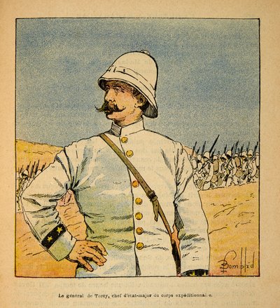 De oorlog in Madagaskar-Anekdotische geschiedenis van de Franse expedities van 1885-1895 door Henri Galli, geïllustreerd door Louis Bombled: Portret van generaal De Torcy, stafchef van de expeditieleger in Madagaskar door Louis Charles Bombled