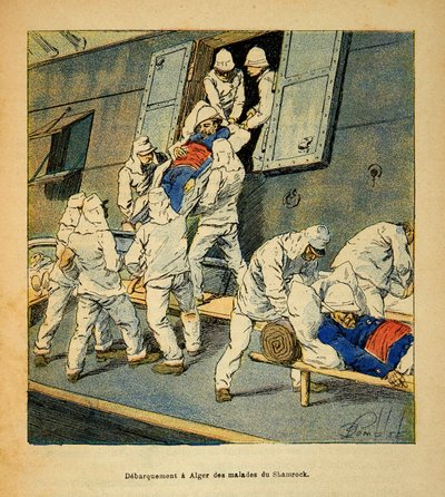 De oorlog in Madagaskar-Anekdotische geschiedenis van de Franse expedities van 1885-1895 door Henri Galli, geïllustreerd door Louis Bombled: Ontscheping in Algiers in 1895 van de zieke troepen van het hospitaalschip de Shamrock uit Madagaskar door Louis Charles Bombled