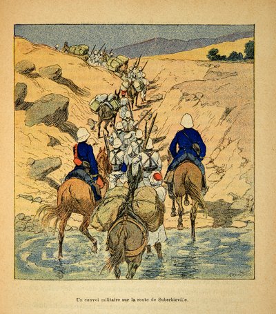 De oorlog in Madagaskar - Anecdotische geschiedenis van de Franse expedities van 1885-1895 door Henri Galli, geïllustreerd door Louis Bombled: een militair konvooi op weg naar Suberbieville in 1895 door Louis Charles Bombled