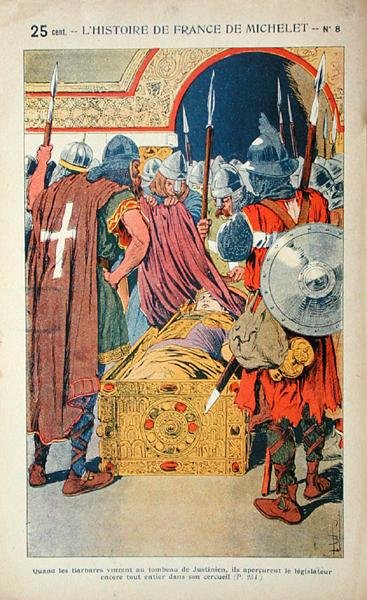 De ontdekking van het gemummificeerde lichaam van keizer Justinianus (483-565) tijdens de inname van Constantinopel door de kruisvaarders in 1204, illustratie uit 