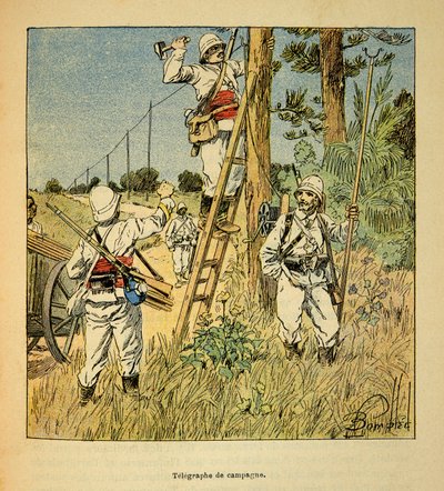 De oorlog in Madagaskar - Anekdotische geschiedenis van de Franse expedities van 1885-1895 door Henri Galli, geïllustreerd door Louis Bombled: Implementatie van de campagne telegraaf door het leger in Madagaskar in 1895 door Louis Charles Bombled