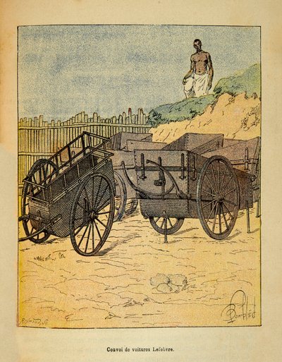 De oorlog in Madagaskar - Anekdotische geschiedenis van de Franse expedities van 1885-1895 door Henri Galli, geïllustreerd door Louis Bombled: Konvooi van auto