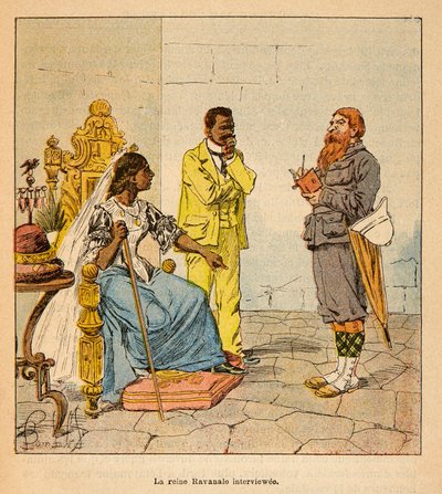 De oorlog in Madagaskar-Anekdotische geschiedenis van de Franse expedities van 1885-1895 door Henri Galli, geïllustreerd door Louis Bombled: een Engelse journalist interviewt koningin Ravanalo in 1895 in aanwezigheid van zijn premier door Louis Charles Bombled