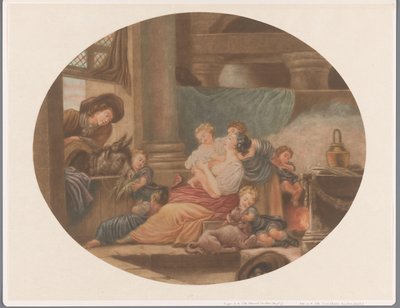 Interieur met gezin met zes kinderen door Louis Charles Gautier Dagoty