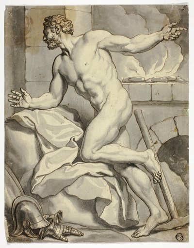 Mannelijk naakt geknield naast een oven (Vulcanus), met helm en metalen handschoenen op de vloer door Louis Cheron