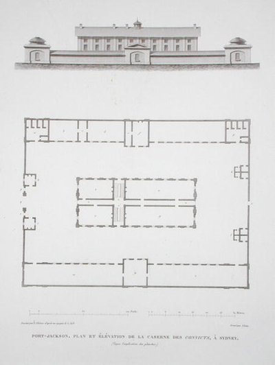 Plattegrond en aanzicht van het gebouw voor veroordeelden in Port Jackson, nabij Sydney, uit Voyage Autour du Monde (1817-20), gepubliceerd 1822-24 door Louis Claude Desaulses de Freycinet