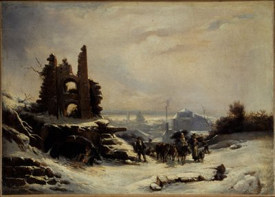De terugkeer van de markt (sneeuweffect op Parijs), ca. 1830 (olieverf op doek) door Louis Claude Mallebranche