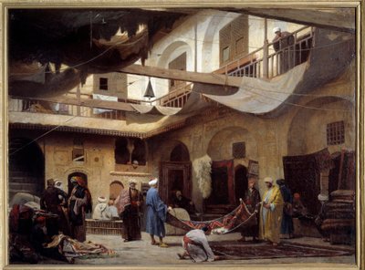 De tapijtbazaar in de Khan-Khabil in Caïro in 1866 door Louis Claude Mouchot