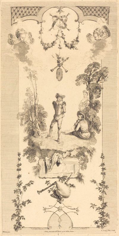 Herder die danst op het geluid van een fluit door Louis Crépy after Antoine Watteau