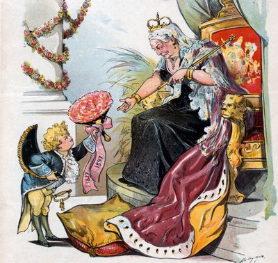 Puck buigt en overhandigt een boeket bloemen met de tekst "1837 1897" aan Koningin Victoria door Louis Dalrymple