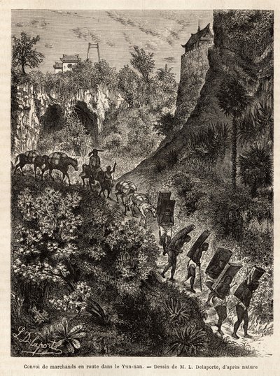 Een konvooi van kooplieden en hun dragers op weg naar Yunnan (China), gegraveerd naar de tekening van L.Delaporte, ter illustratie van de ontdekkingsreis in Indochina door Francis Garnier, luitenant van het schip, in 1866-1868, gepubliceerd in 