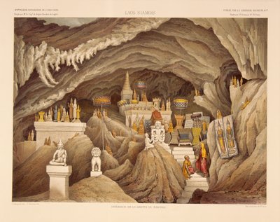 Interieur van een grottempel in Laos, prent gemaakt door F. Sorrieu, illustratie uit 