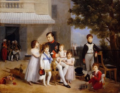 Keizer Napoleon I op het terras van het Château Saint-Cloud omringd door zijn kinderen door Louis Ducis