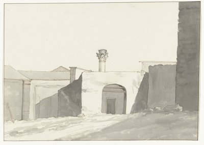 Antieke zuil en gebouwen in haven van Brindisi door Louis Ducros