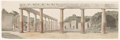 Gezicht op Romeinse kazernes en zuilenrij te Pompeï door Louis Ducros