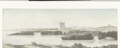 Gezicht op de kust van de Adriatische zee met een observatietoren aan de overzijde van Monopoli (Voyage en Italie, en Sicile et à Malte - 1778) door Louis Ducros