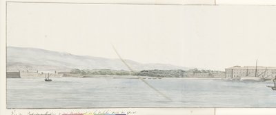 Gezicht op haven van Messina en bergen van Calabrië vanaf kade door Louis Ducros