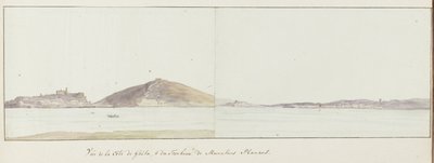 Gezicht op kust van Gaeta en mausoleum van Munatius Plancus door Louis Ducros