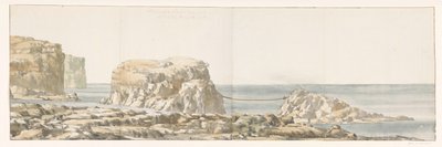 Gezicht op rots losgeraakt van kust in inham van Gozo (Voyage en Italie, en Sicile et à Malte - 1778) door Louis Ducros