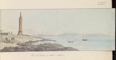 Gezicht op vuurtoren bij havenhoofd te Napels (Voyage en Italie, en Sicile et à Malte - 1778) door Louis Ducros