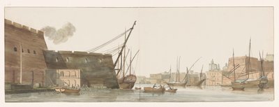 Gezicht op werf in haven van galei schepen te Malta door Louis Ducros
