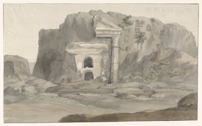 Graven met gevel in Dorische stijl in rots gehouwen in omgeving van Syracuse (Voyage en Italie, en Sicile et à Malte - 1778) door Louis Ducros