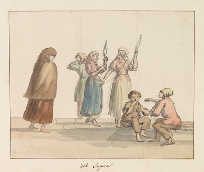 Klederdrachten van eiland Gozo door Louis Ducros
