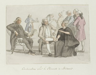 Leden van het reisgezelschap in gesprek met de prinses van Biscaris (Voyage en Italie, en Sicile et à Malte - 1778) door Louis Ducros