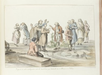 Onderhandeling tussen gids van reisgezelschap en muilezeldrijvers met wie zij naar de Etna gaan door Louis Ducros