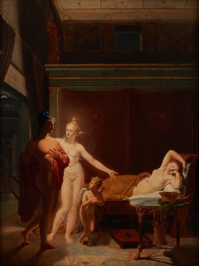 Parijs en Helena Venus en Amor begeleiden Parijs naar de slaapkamer van Helena door Louis Ducros