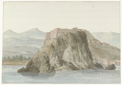 Rots en stad Scilla in de regio Calabrië gezien vanaf zee aan de noordkant (Voyage en Italie, en Sicile et à Malte - 1778) door Louis Ducros