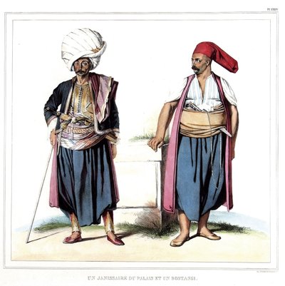 Een Janitsaar van het paleis en een bostangi (tuinman van het serail). in 